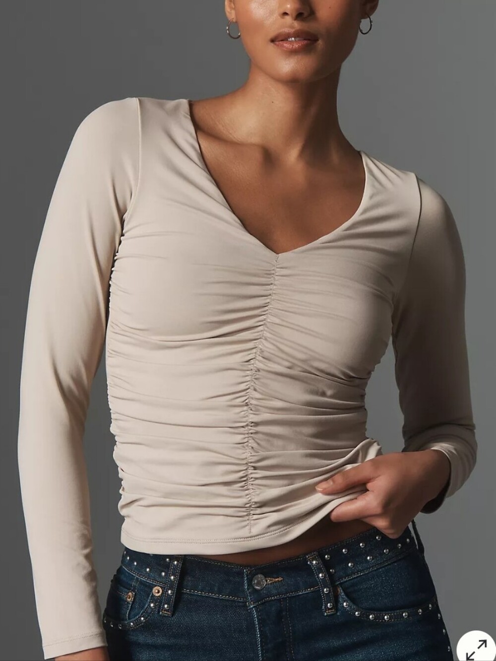 NWT Maeve Taupe Ruched V-Neck Long Sleeve Top